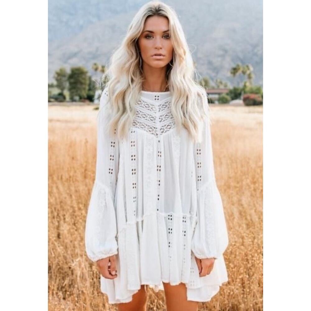 Free People Kiss Kiss Ivory Tunic Bohemian Lace Embroidered Small - Picture 2 of 13